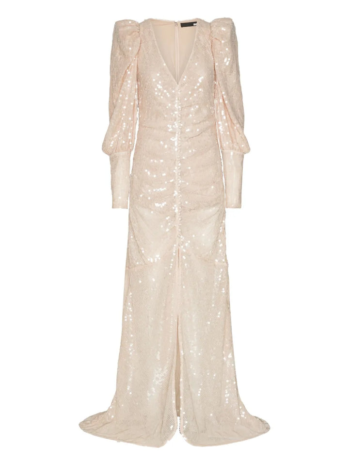 Rotate Birger Christensen Sequin Embellishment Puff Sleeve Maxi Dress — Beige — Size XS — Front View