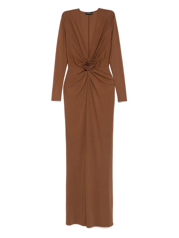 Roserry Rose Embellished Twist Front Midi Dress — Brown — Size XS — Front View