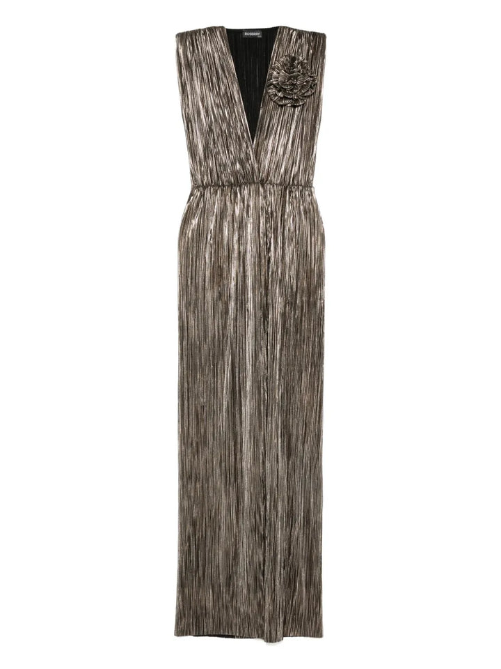 Roserry Sleeveless V Neck Midi Dress — Gold — Size S — Front View