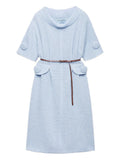 Prada Mouline Wool Knit Midi Dress — Blue — Size XS — Front View