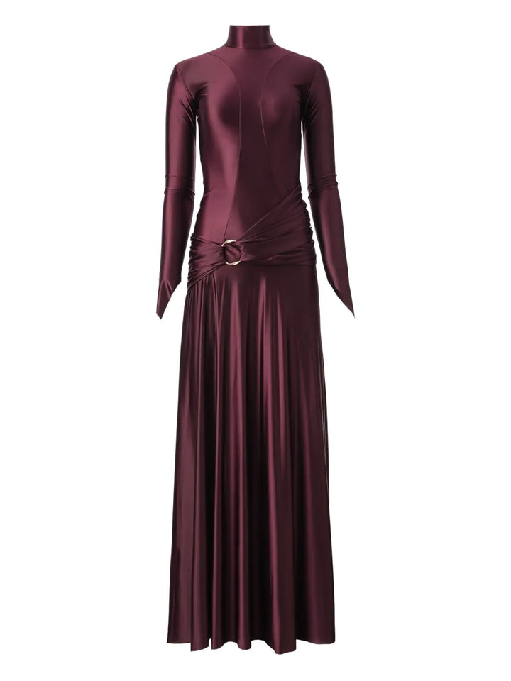 Moos Studio Plum Velvet High Neck Draped Maxi Dress — Gold — Size XS — Front View