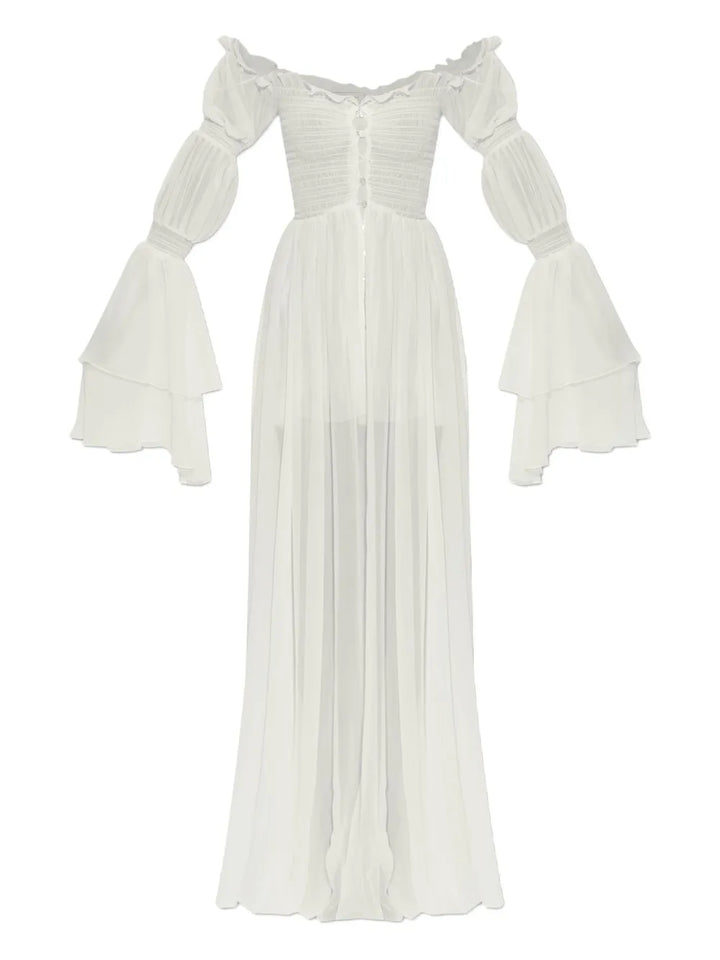 Blumarine Buttoned Silk Chiffon Dress — White/ Red — Size XS — Front View