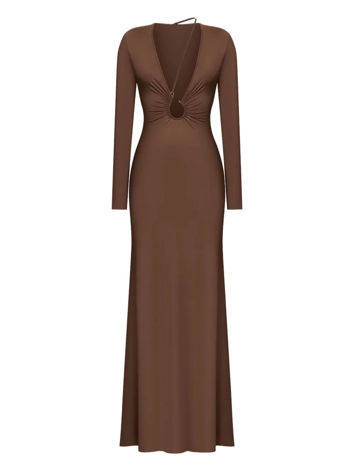 Korobeynikov Ring Detail Asymmetrical Maxi Dress — Brown — Size S — Front View