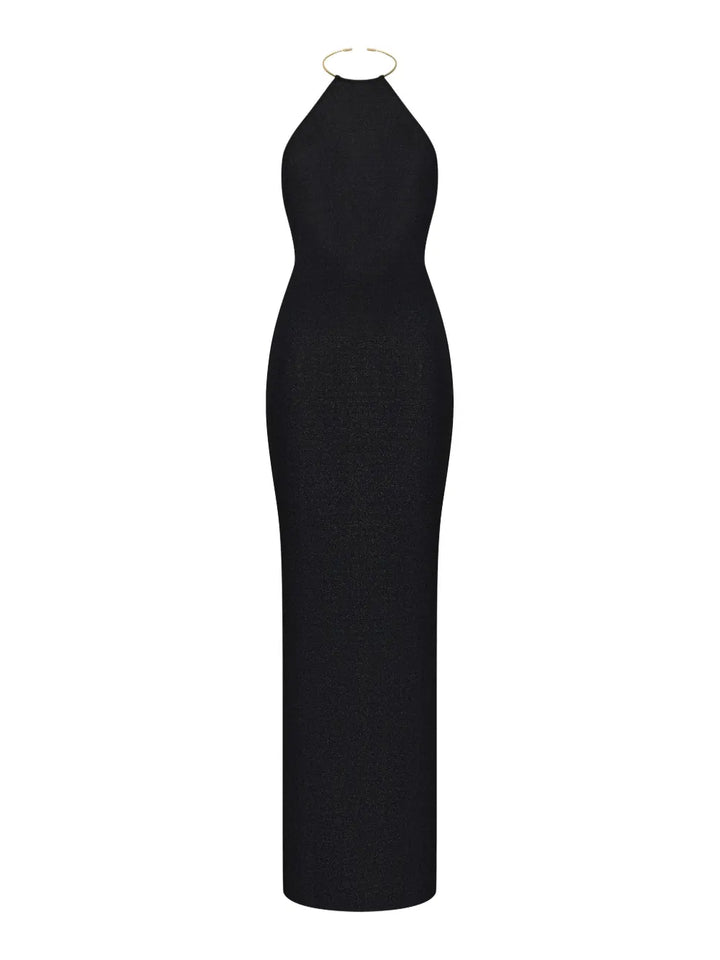 Korobeynikov Halterneck Backless Maxi Dress — Black/ Gold — Size XS — Front View