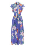 Leo Lin Floral Print Belted Maxi Dress — Blue/ Red — Size S — Front View