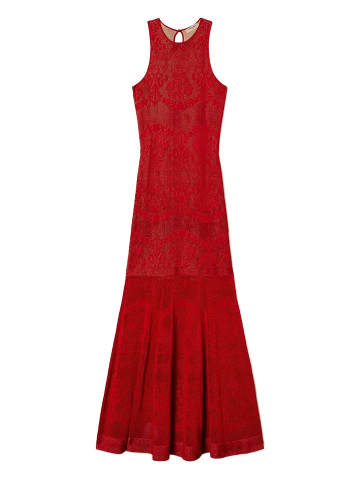 Twinset Openwork Knit Maxi Dress — Red — Size XS — Front View
