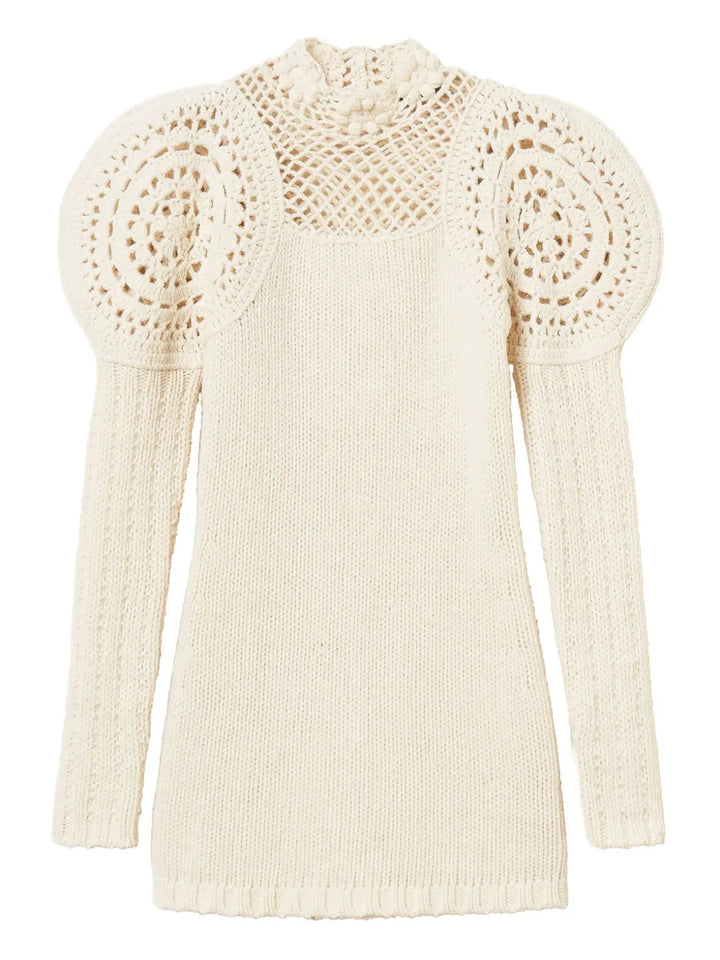Twinset Crochet Detailed Puff Sleeve Dress — White — Size XS — Front View