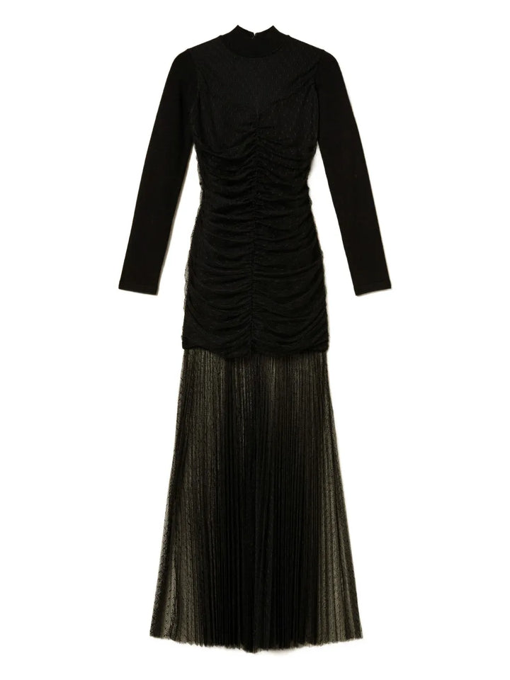 Twinset Pleated Tulle Knitted Dress — Black/ Red — Size S — Front View