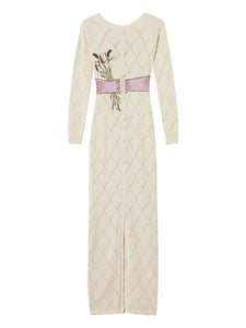 Twinset Bow Diamond Pattern Maxi Dress — White — Size XS — Front View
