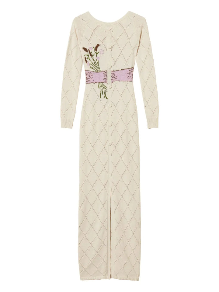 Twinset Bow Diamond Pattern Maxi Dress — White — Size XS — Front View
