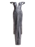 Maria Lucia Hohan Pleated Off Shoulder Maxi Dress — Grey — Size S — Front View