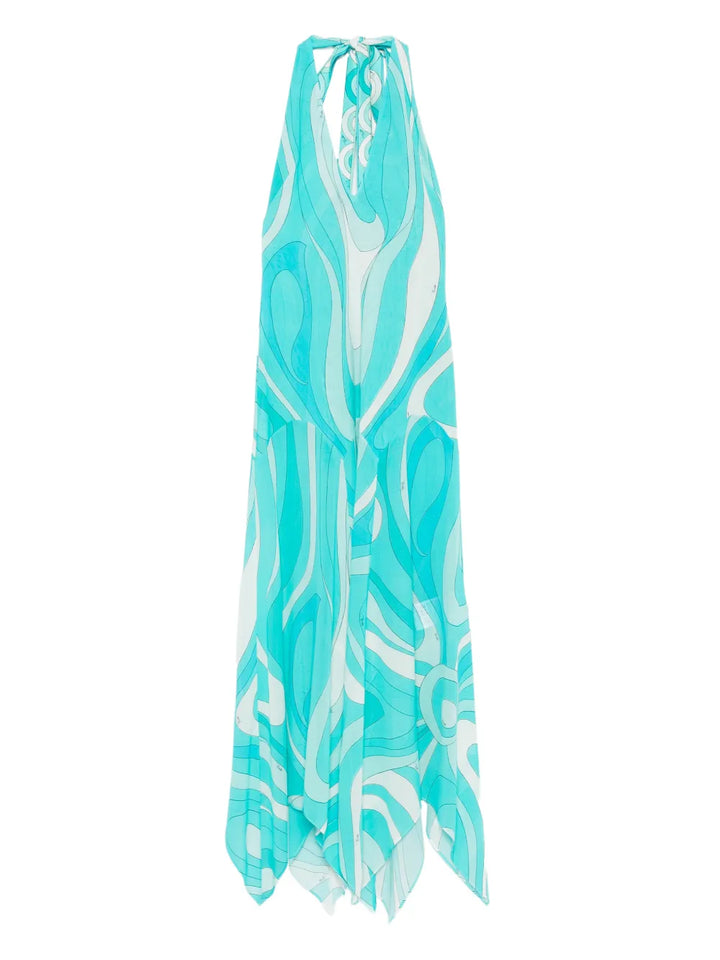 Pucci Marmo Print V Neck Asymmetric Dress — Blue — Size XS — Front View