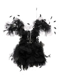 Ana Radu Feather Trimmed Ruffled Dress — Black/ Red — Size XXL — Front View