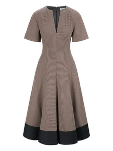 Staud Houndstooth Neck V Neck Midi Dress — Brown — Size XS — Front View