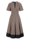 Staud Houndstooth Neck V Neck Midi Dress — Brown — Size XS — Front View