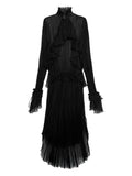 Blumarine Pleated Ruffled Maxi Dress — Black — Size XS — Front View