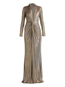 Tadashi Shoji Pleated Knot Front Maxi Dress — Gold — Size S — Front View