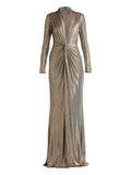 Tadashi Shoji Pleated Knot Front Maxi Dress — Gold — Size S — Front View