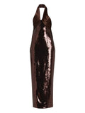 Retrofete Sequin Halterneck Midi Dress — Brown — Size S — Front View