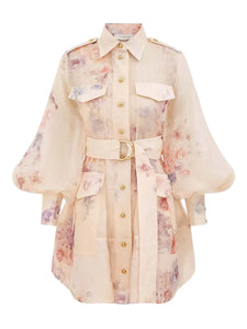 Zimmermann Floral Print Belted Mini Dress — Cream — Size S — Front View