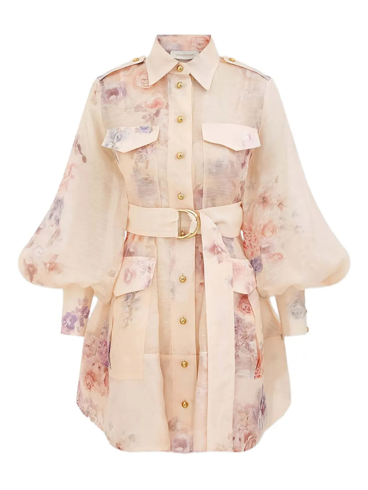 Zimmermann Floral Print Belted Mini Dress — Cream — Size S — Front View
