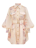 Zimmermann Floral Print Belted Mini Dress — Cream — Size S — Front View