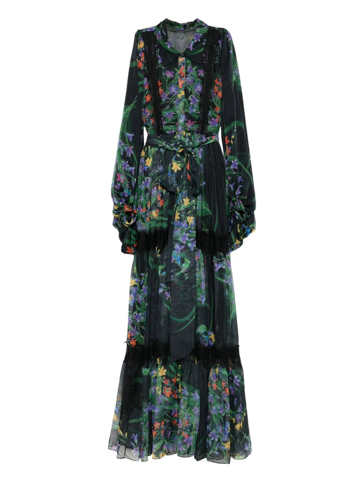 Miau By Clara Rotescu Floral Print Maxi Dress — Black — Size XS — Front View