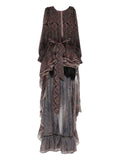 Miau By Clara Rotescu Paisley Print Ruffle Hem Asymmetric Dress — Black — Size XS — Front View