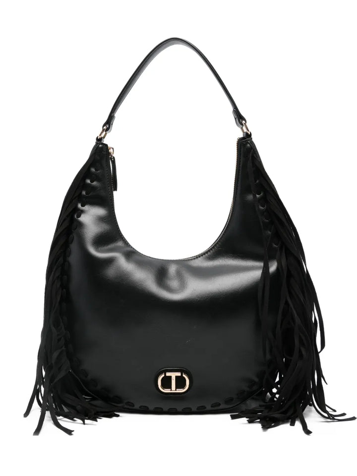 Twinset Fringe Detail Leather Shoulder Bag — Same as shown — Size One Size — Front View