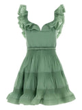 Zimmermann Pleated Ruffled Mini Dress — Red/ Green — Size XS — Front View