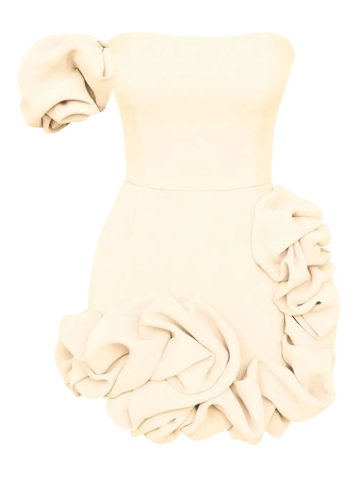 Post Meridiem One Shoulder Ruffled Mini Dress — Cream — Size XS — Front View