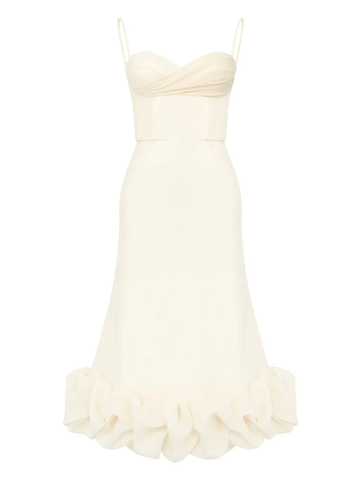 Post Meridiem Draped Bodice Flounced Hem Midi Dress — Ivory — Size XS — Front View