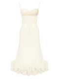 Post Meridiem Draped Bodice Flounced Hem Midi Dress — Ivory — Size XS — Front View