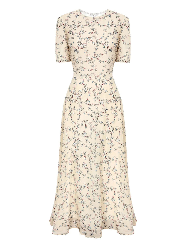 Post Meridiem Puff Sleeve Floral Midi Dress — Red/ Yellow — Size XS — Front View