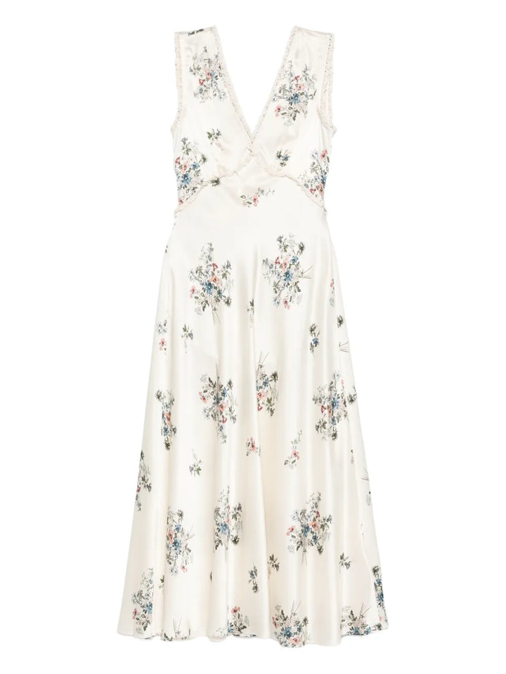 Doen V Neck Floral Print Midi Dress — White — Size XXS — Front View