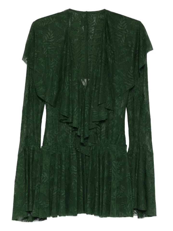Norma Kamali Ruffle Long Sleeve Mini Dress — Red/ Green — Size XS — Front View