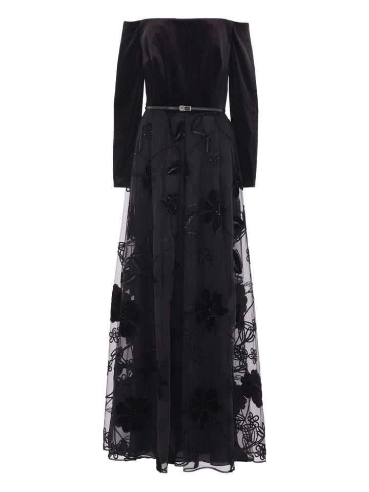Elie Saab Velvet Floral Embroidered Tulle Dress — Black/ Red — Size XS — Front View