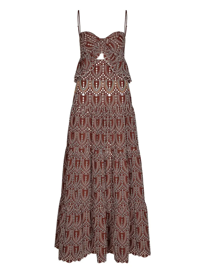 Johanna Ortiz Entre Flechas Embroidered Details Maxi Dress — Brown/ Red — Size S — Front View