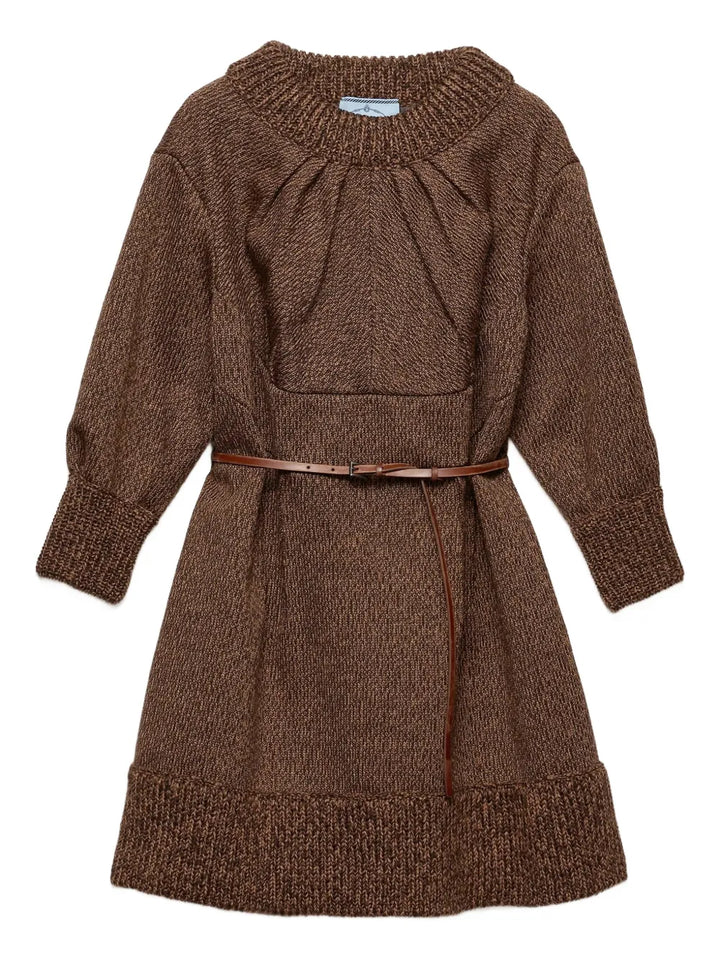 Prada Mouline Wool Mini Dress — Brown — Size XS — Front View
