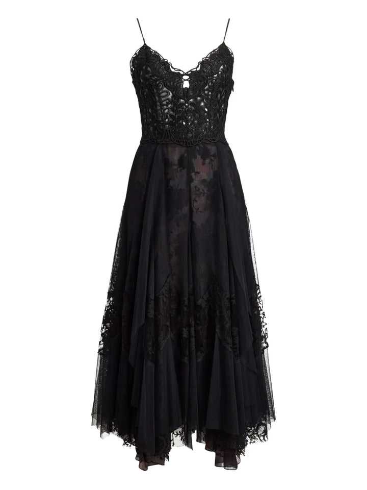 Ralph Lauren Collection Lace Embellished Tiered Maxi Dress — Black/ Red — Size S — Front View