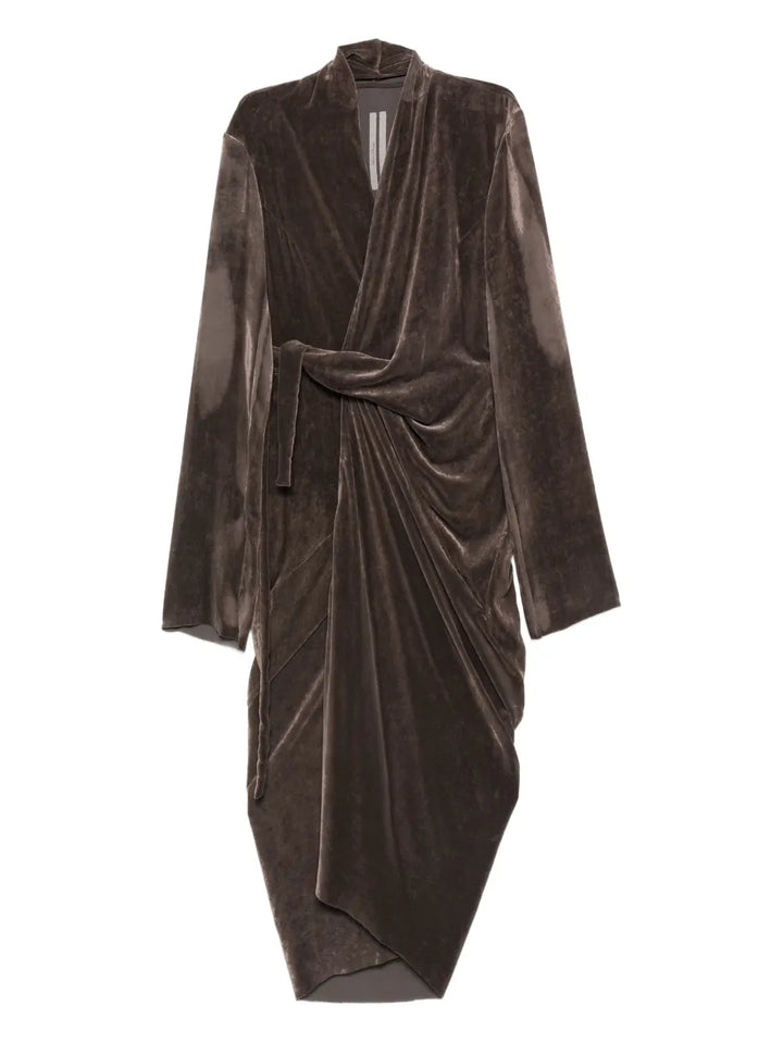 Rick Owens Draped Wrap Midi Dress — Dark Brown/ Brown — Size M — Front View