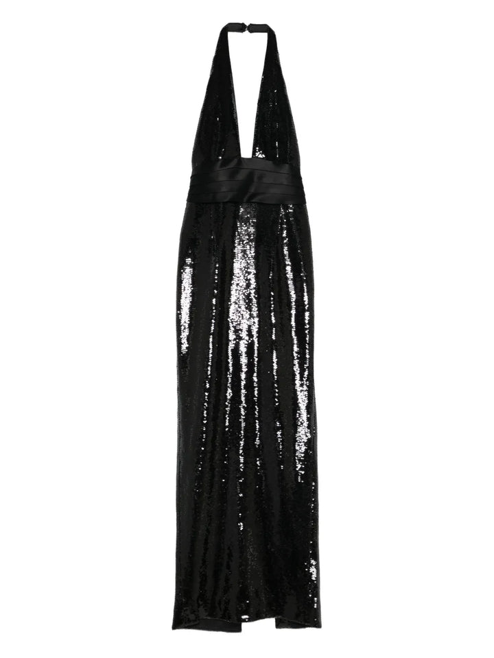 Retrofete Kelsie Sequin Halterneck Maxi Dress — Black — Size L — Front View