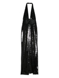 Retrofete Kelsie Sequin Halterneck Maxi Dress — Black — Size L — Front View