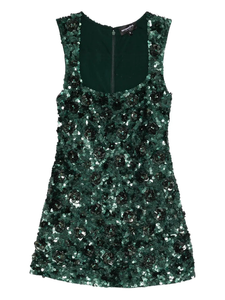 Retrofete Sadlyn Sequin Embellished Floral Mini Dress — Green — Size L — Front View