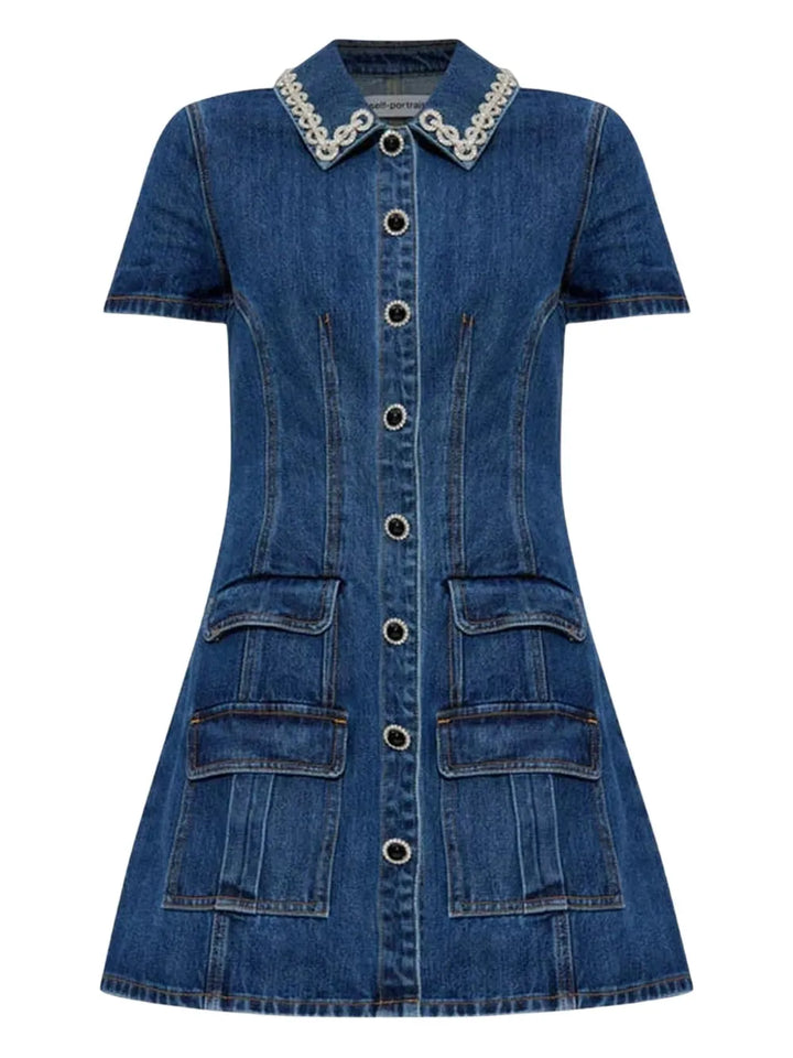 Self Portrait Crystal Trimmed Pocketed Dress — Blue — Size XS — Front View