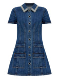Self Portrait Crystal Trimmed Pocketed Dress — Blue — Size XS — Front View
