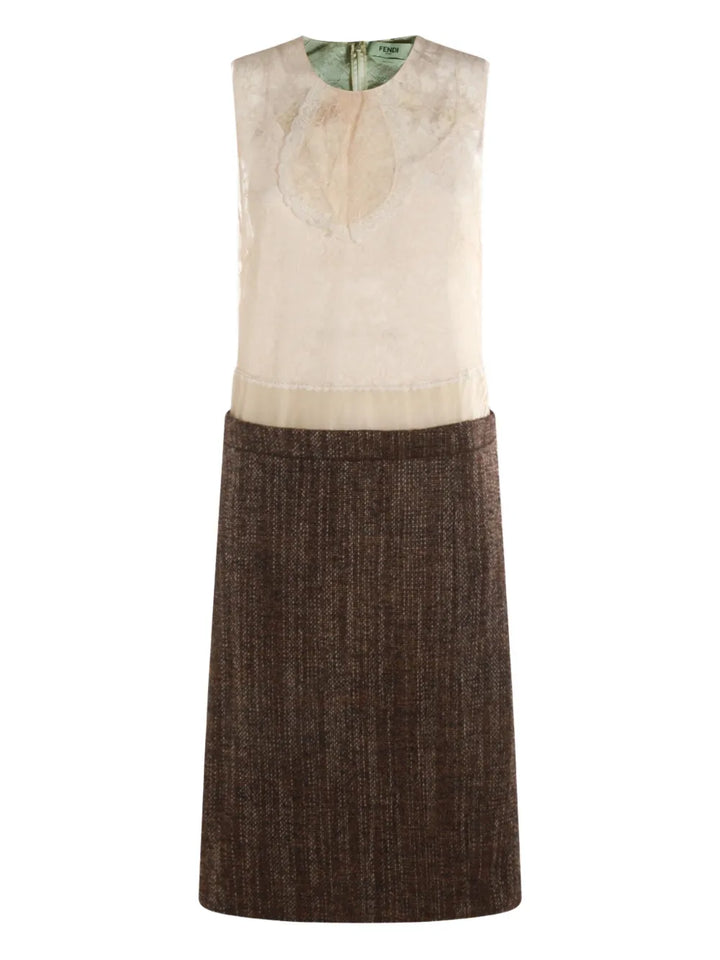 Fendi Lace Panel Tweed Dress — Brown — Size XS — Front View