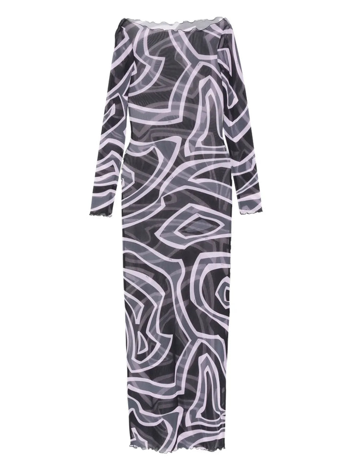 Pucci Abstract Print Long Sleeve Maxi Dress — Black/ Pink — Size XS — Front View