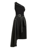 Karl Lagerfeld One Shoulder Belted Dress — Black/ Silver — Size M — Front View