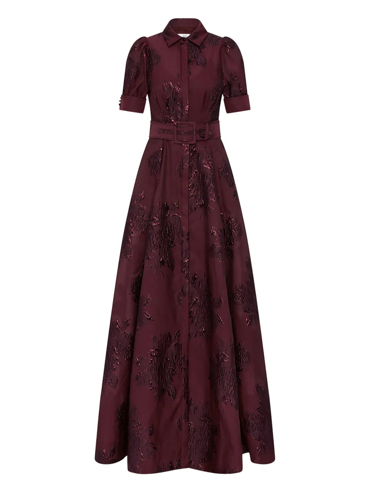 Rebecca Vallance Arlette Belted Floral Short Sleeve Maxi Dress — Red — Size S — Front View